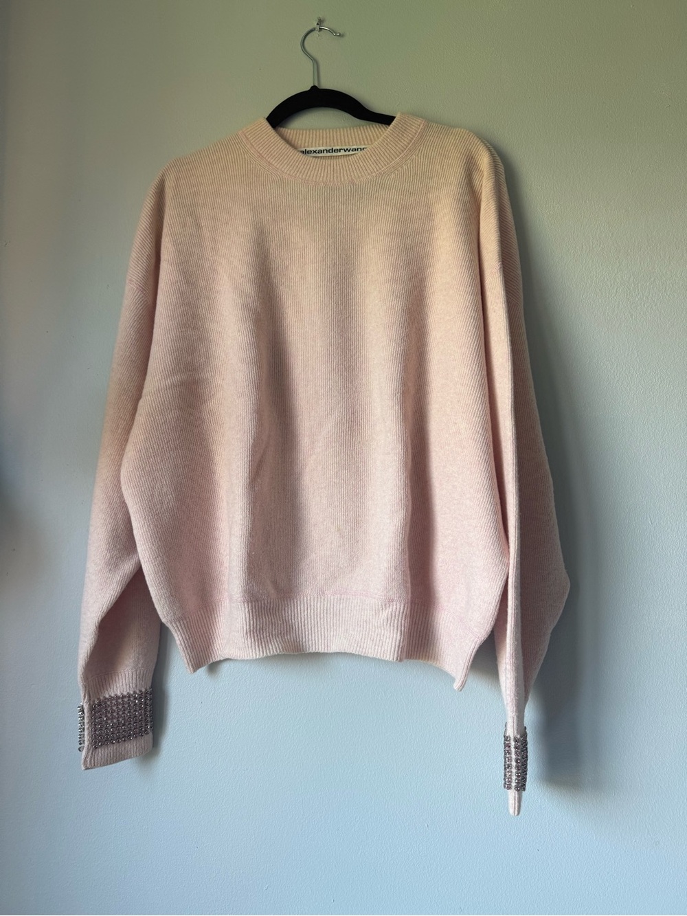 Alexander Wang Pink Crewneck Sweater with Embellished Cuffs SZ M